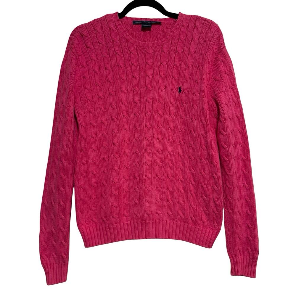 VTG Ralph Lauren Sport Pink Cable Knit Sweater SIZE LARGE Womens HongKong Cotton